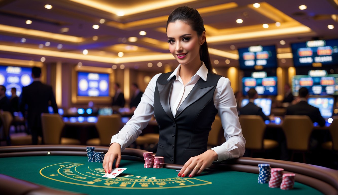 Seorang dealer profesional sedang membagikan kartu di meja kasino dengan pemain yang memperhatikan di latar belakang.