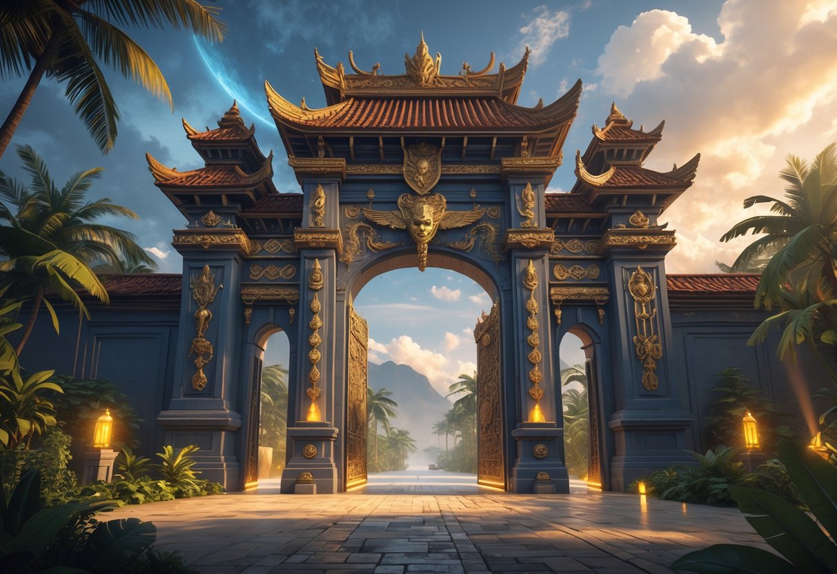 Gerbang besar dan megah dengan ukiran rumit yang terinspirasi dari tokoh Gatot Kaca, dikelilingi tanaman tropis dan cahaya lembut yang menambah kesan kuat dan misterius.