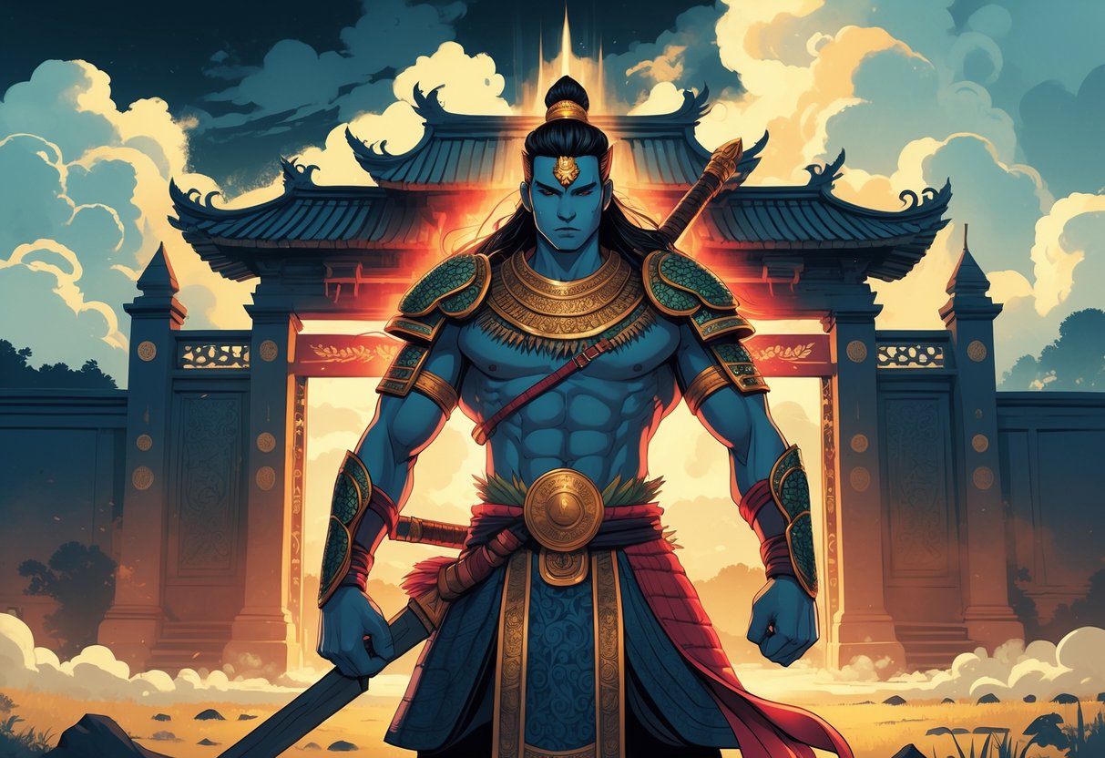 Ilustrasi tokoh Gatot Kaca berdiri gagah di depan gerbang bergaya Jawa dengan latar belakang awan dan medan pertempuran.