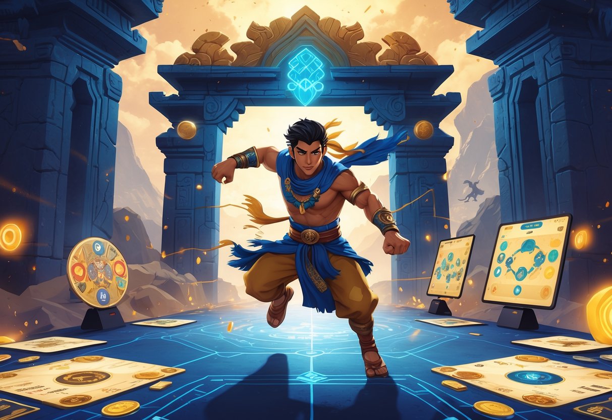 Ilustrasi seorang pahlawan legendaris Gatot Kaca di depan gerbang mistis dengan simbol-simbol permainan di sekelilingnya yang menunjukkan fitur dan pola permainan.