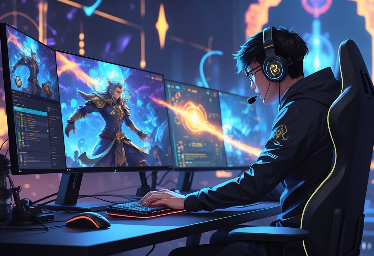 Seorang pemain game profesional sedang fokus bermain di depan beberapa layar dengan latar belakang medan pertempuran digital dan karakter pahlawan Gatot Kaca.