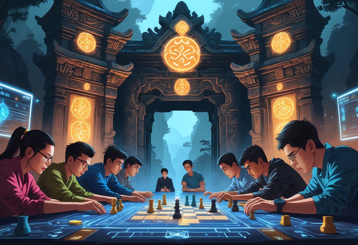 Pintu gerbang besar dengan ornamen tradisional dan simbol mistis, dikelilingi oleh pemain yang fokus bermain strategi di depan meja permainan dengan elemen taktis.