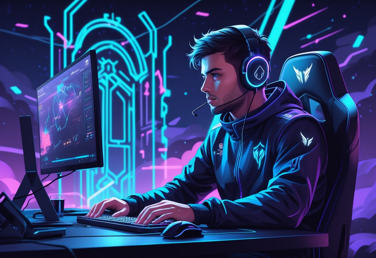Seorang pemain esports profesional duduk di depan komputer dengan perlengkapan gaming, fokus bermain dalam suasana medan tempur digital futuristik yang terinspirasi dari Gates of Gatot Kaca.
