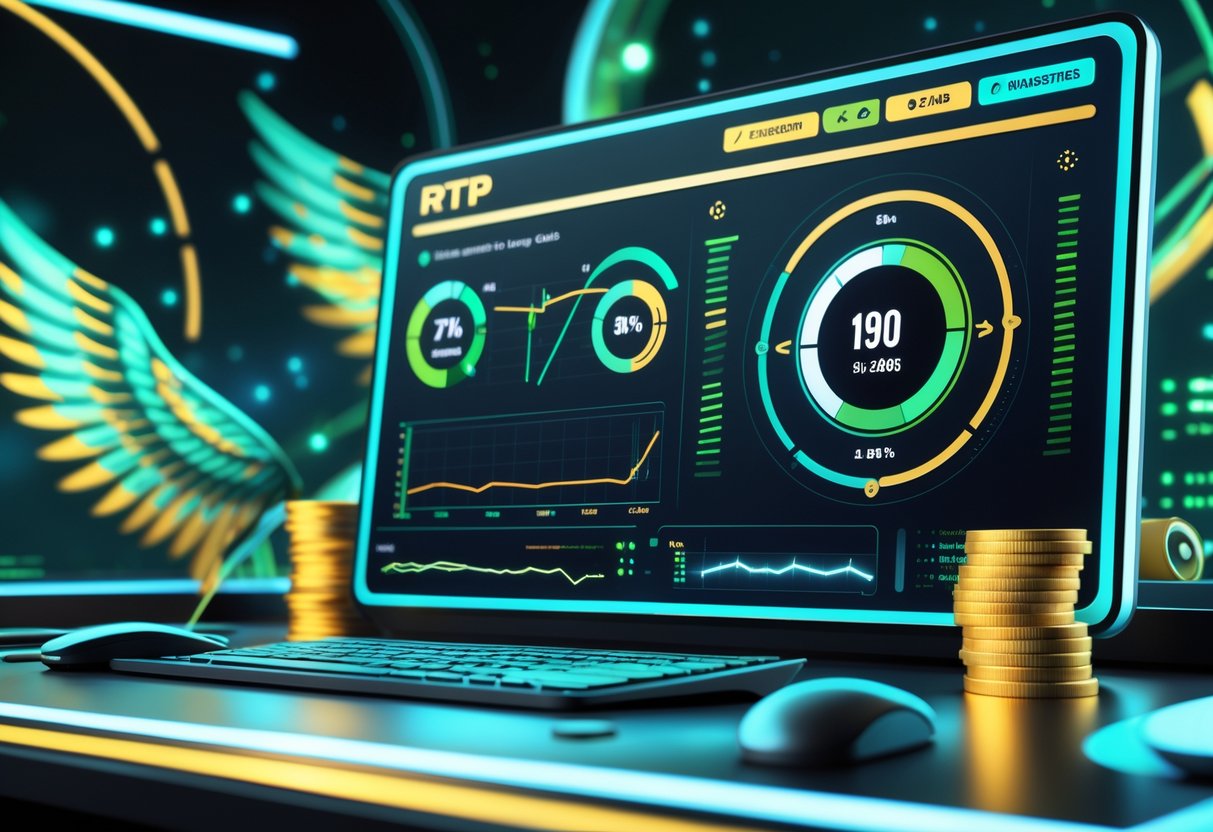 Ilustrasi panel digital dengan grafik persentase dan elemen bertema Gatot Kaca yang menunjukkan pembaruan data RTP permainan.