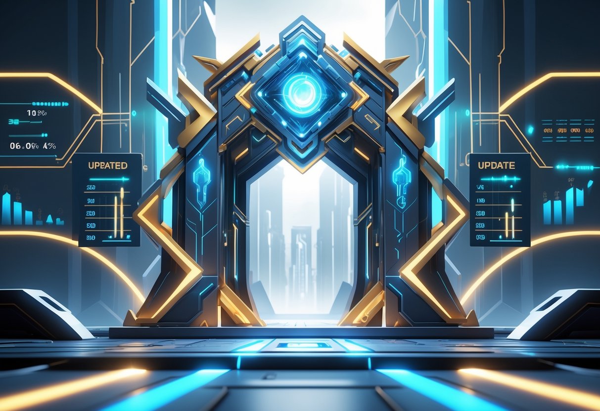 Ilustrasi gerbang futuristik dengan elemen teknologi dan grafik persentase yang menggambarkan pembaruan dan performa permainan slot Gates of Gatot Kaca 1000.