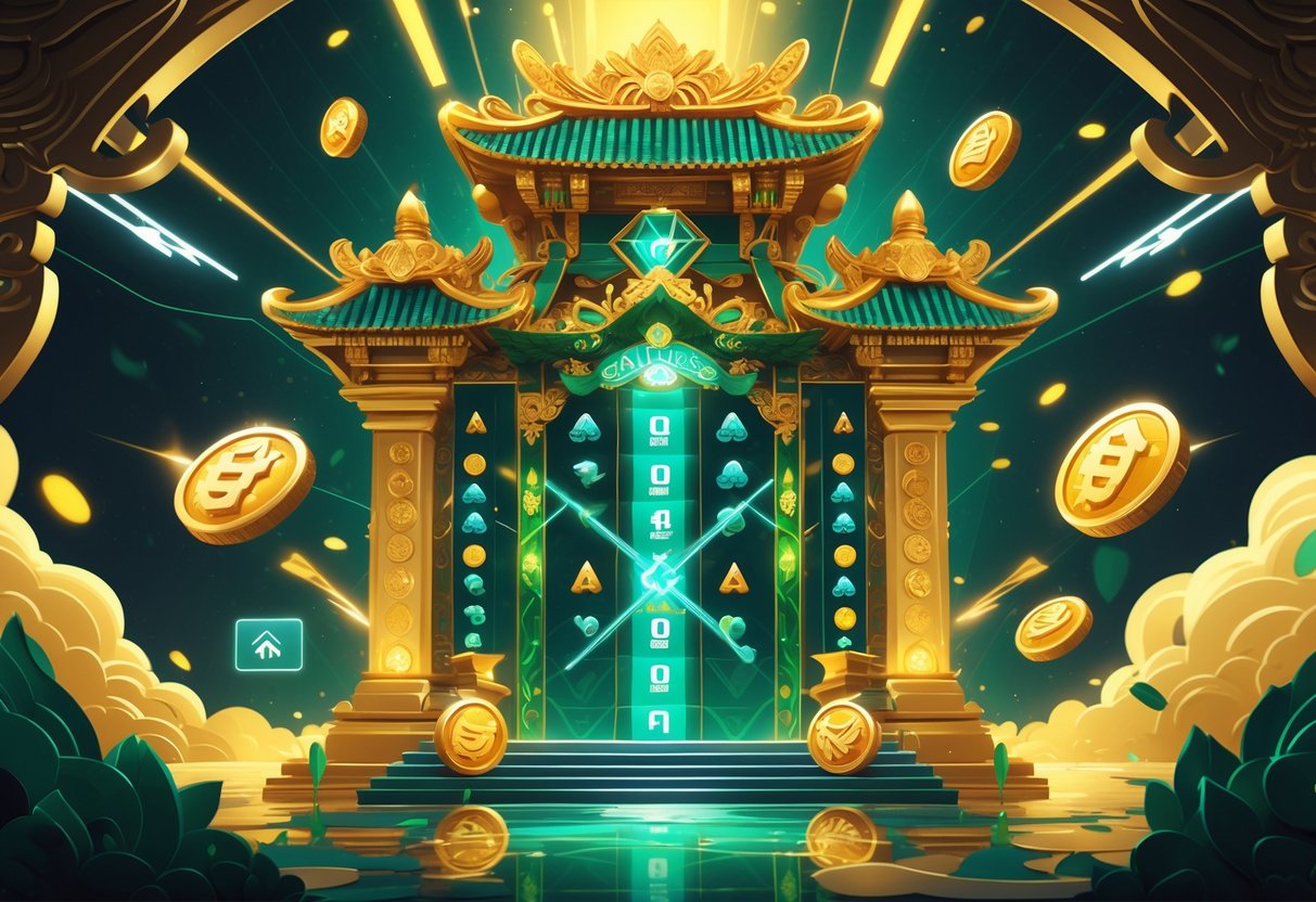 Ilustrasi gerbang megah dengan ornamen tradisional Indonesia dan elemen permainan slot yang bersinar, menunjukkan fitur kemenangan dan pembaruan persentase kemenangan hari ini.