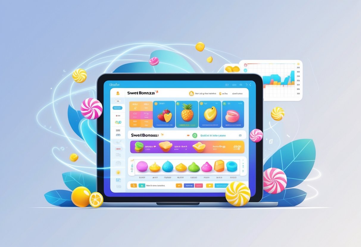 Ilustrasi sebuah perangkat digital yang menampilkan grafik dan ikon permainan Sweet Bonanza™ dengan latar belakang minimalis dan aliran data yang menunjukkan informasi terbaru.