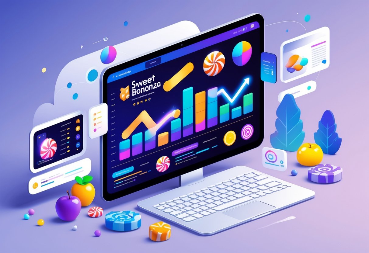 Ilustrasi perangkat digital menampilkan grafik warna-warni dan ikon permen yang terkait dengan permainan Sweet Bonanza, dikelilingi elemen data dan antarmuka modern.