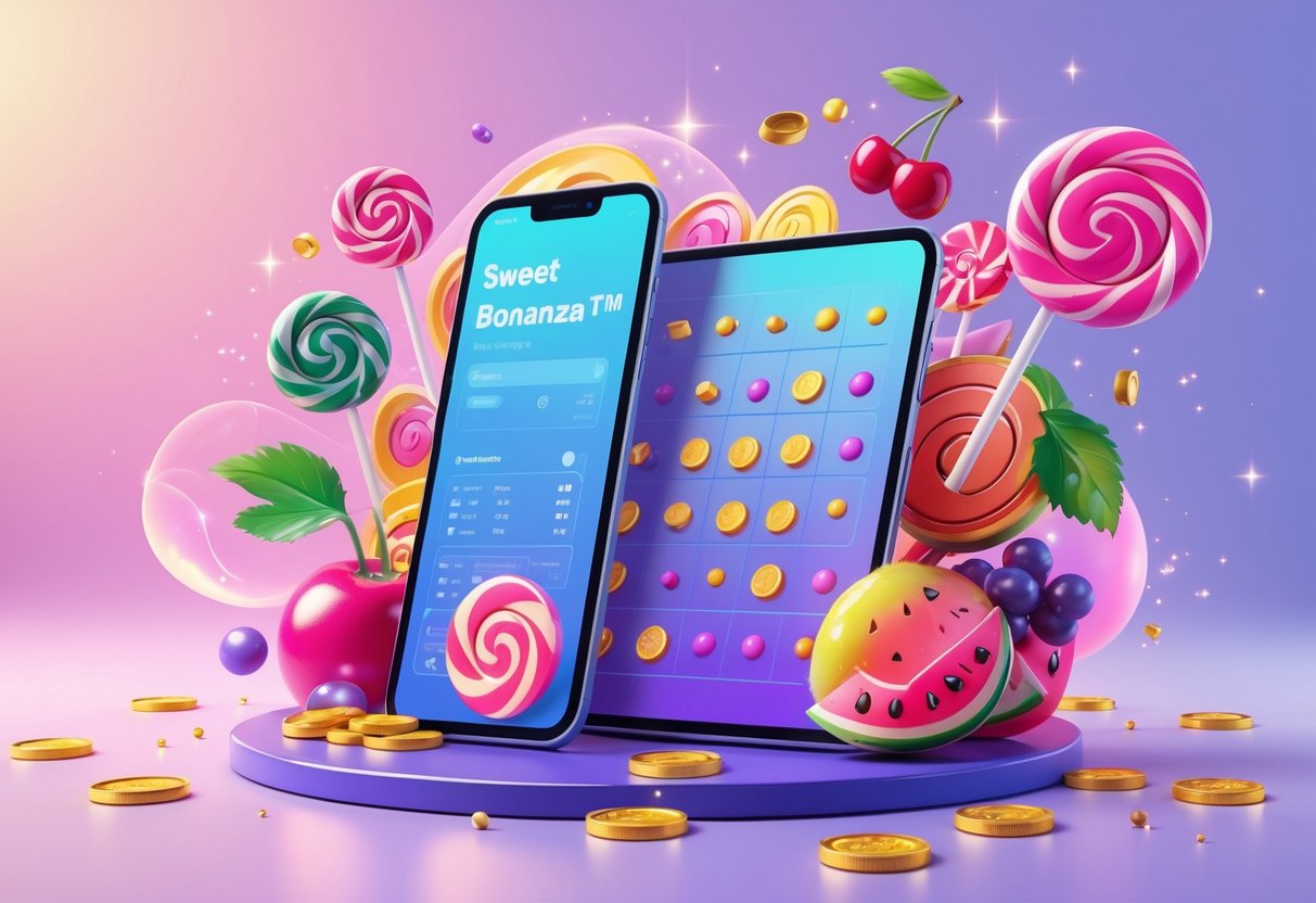 Ilustrasi profesional yang menampilkan tablet dengan elemen permen, buah, dan koin emas yang melayang di sekitarnya, menggambarkan panduan lengkap tentang Sweet Bonanza dan pola kemenangan terbaru.