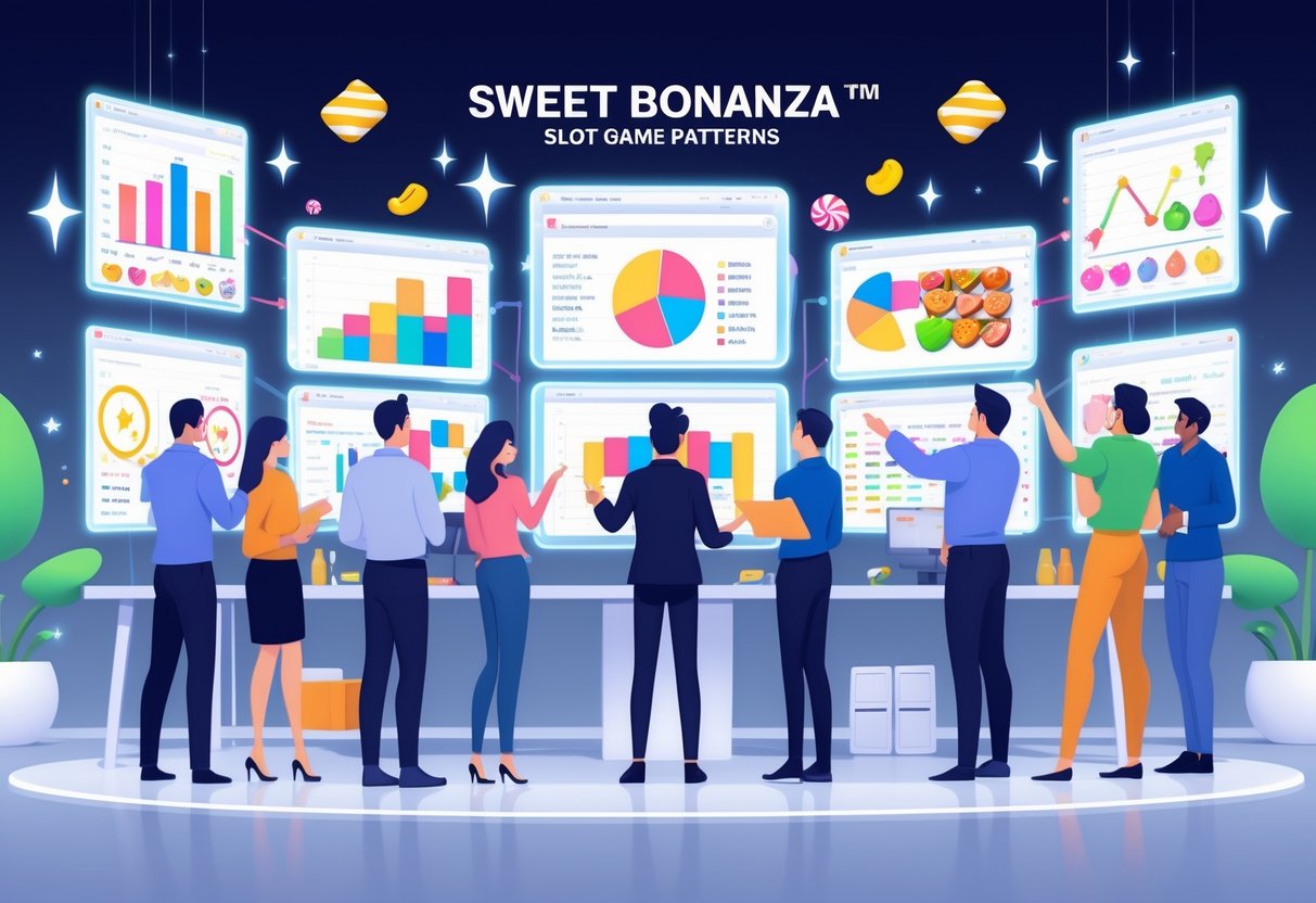 Sejumlah analis sedang mempelajari grafik dan simbol permainan slot di ruang kerja modern dengan layar holografik berwarna-warni.