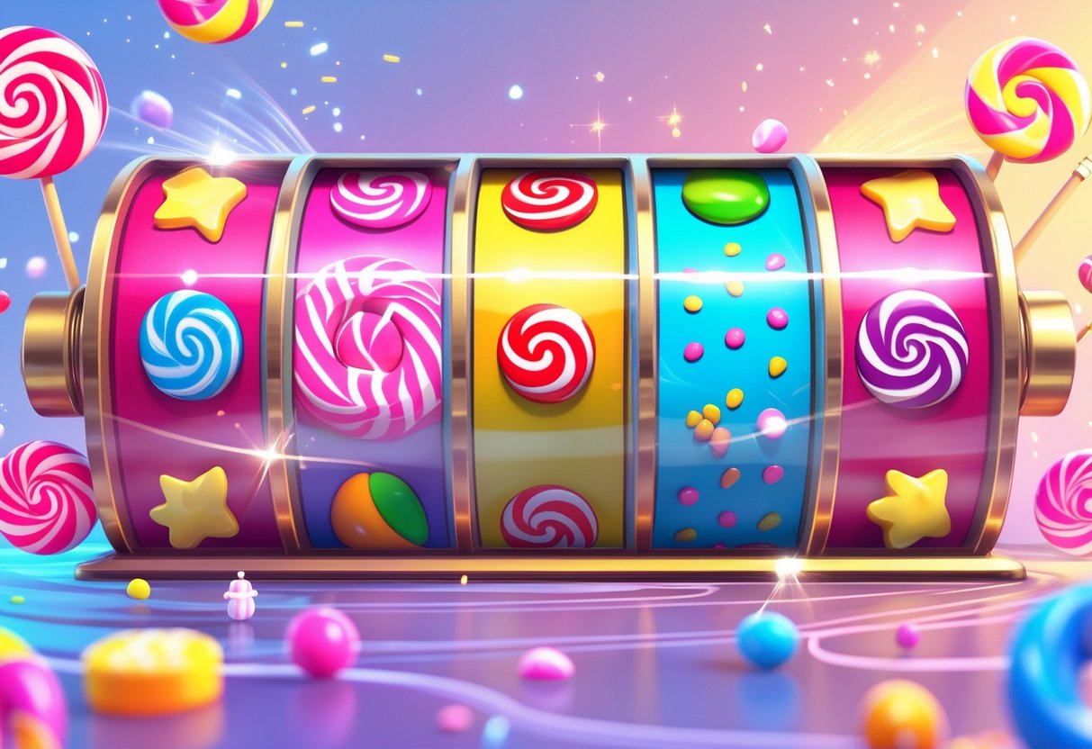 Lima pola putaran berbeda yang memicu simbol scatter di permainan Sweet Bonanza, ditampilkan dengan gulungan berputar berwarna-warni dan simbol permen di latar belakang cerah.