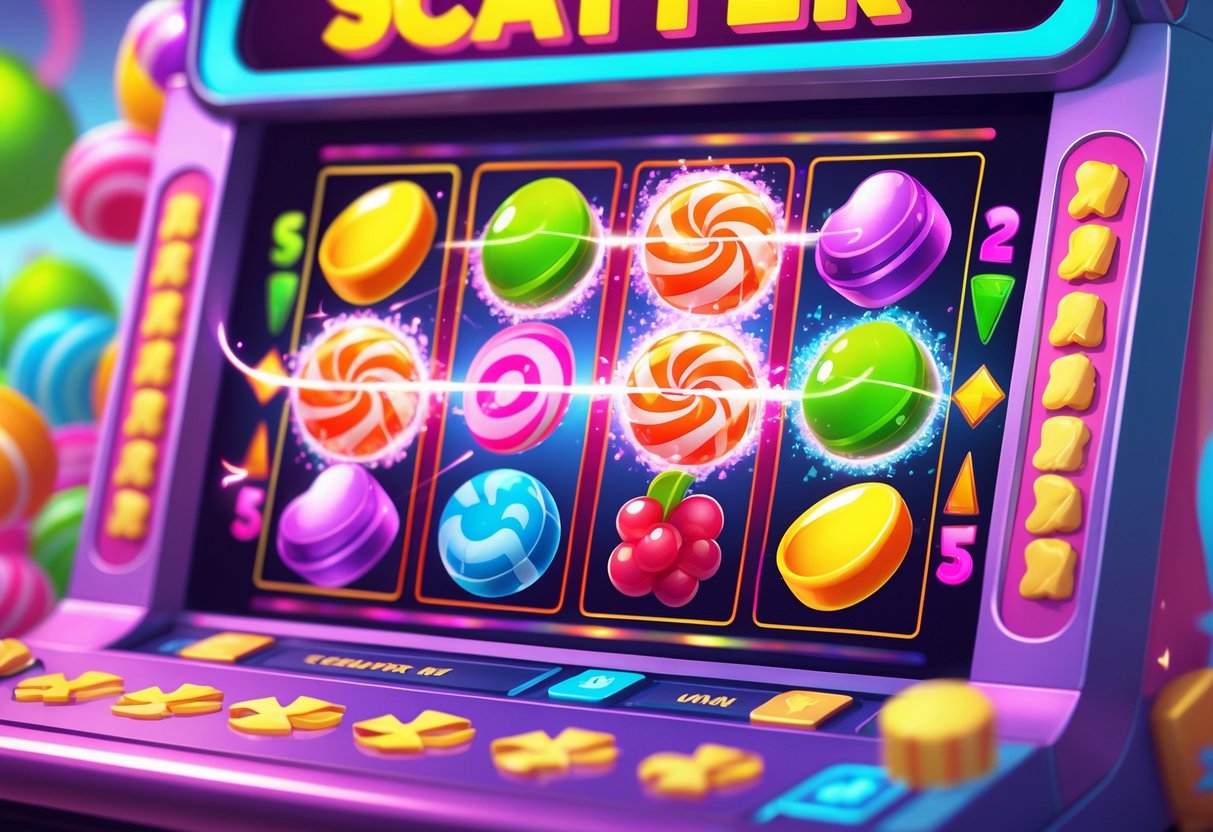 Ilustrasi mesin slot Sweet Bonanza dengan simbol permen dan buah berwarna-warni, menampilkan lima pola putaran yang memicu fitur Scatter dengan efek cahaya berkilau di sekitar simbol.