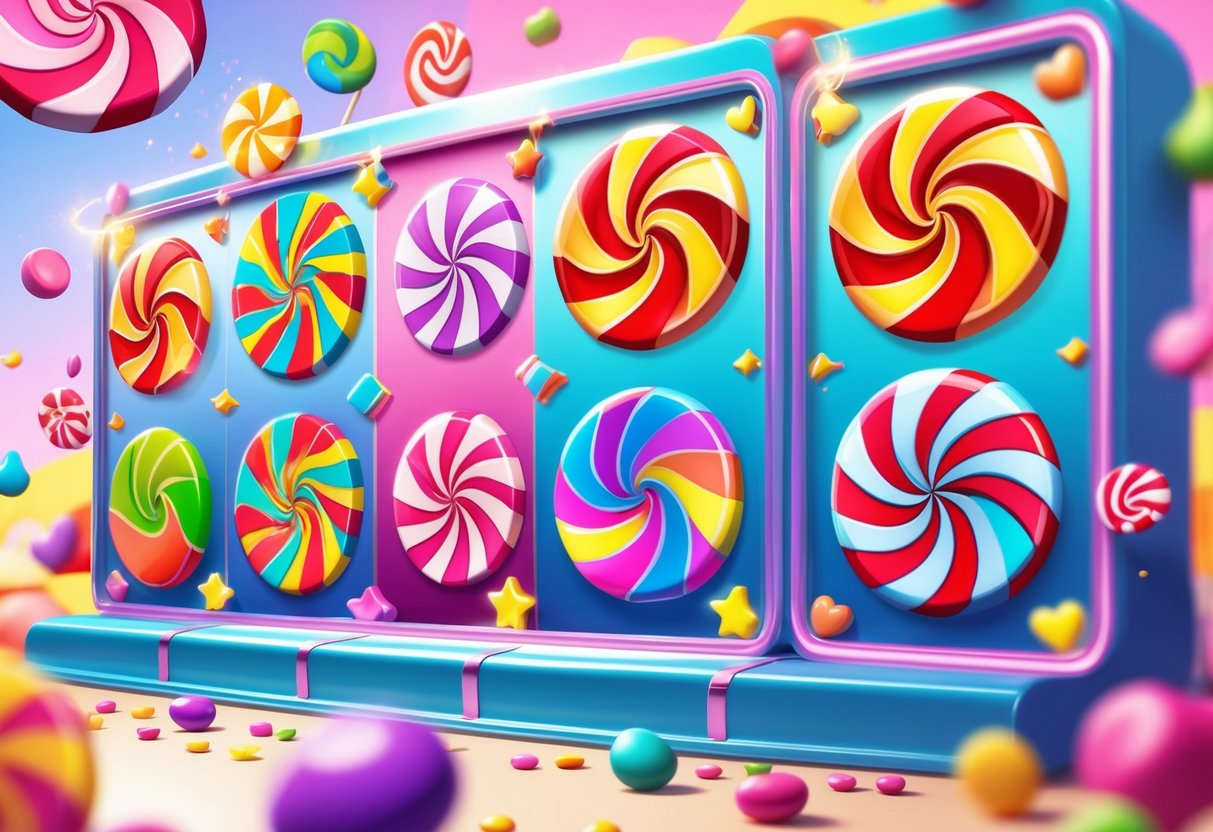 Ilustrasi lima pola putaran berbeda yang memicu simbol scatter dalam permainan slot Sweet Bonanza dengan latar belakang penuh permen dan warna cerah.