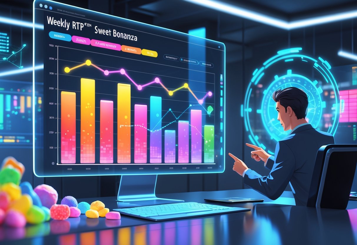 Seorang analis sedang melihat grafik dan diagram warna-warni pada layar digital besar yang menampilkan tren dan perubahan pola permainan Sweet Bonanza™ tahun 2025.