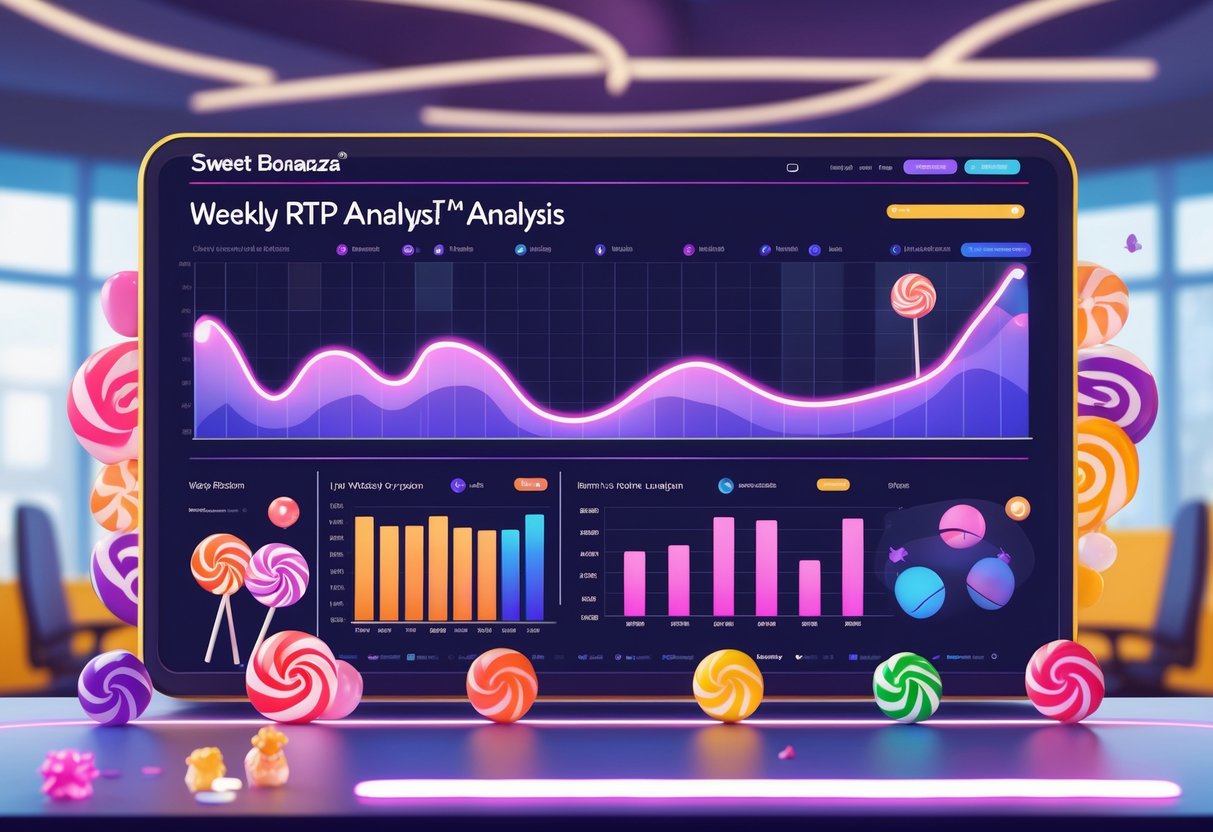 Ilustrasi profesional menampilkan dashboard digital dengan grafik dan diagram warna-warni bertema permen yang menunjukkan analisis tren mingguan permainan Sweet Bonanza™ tahun 2025.