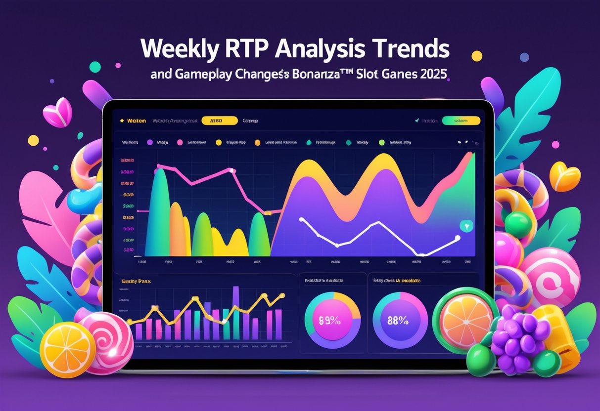 Ilustrasi profesional yang menampilkan grafik dan diagram analisis tren mingguan RTP dan perubahan pola permainan Sweet Bonanza™ tahun 2025 dengan latar belakang simbol buah dan permen.
