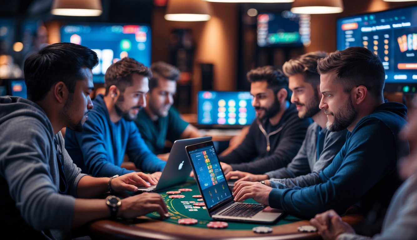 Sekelompok pemain poker online yang serius dan fokus bermain menggunakan laptop dan ponsel di lingkungan modern yang nyaman.