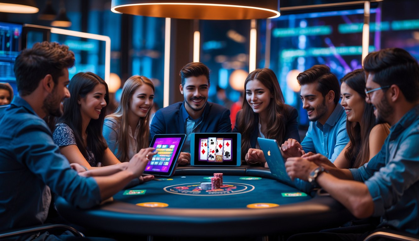 Sekelompok orang muda bermain poker online di meja dengan perangkat digital di lingkungan modern dan ceria.