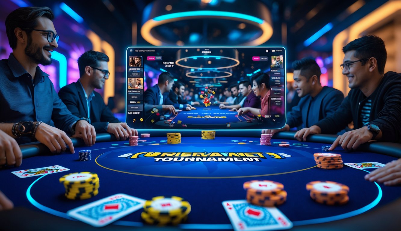 Tampilan meja poker online dengan chip warna-warni dan kartu, menunjukkan pemain yang sedang berpartisipasi dalam turnamen seru.
