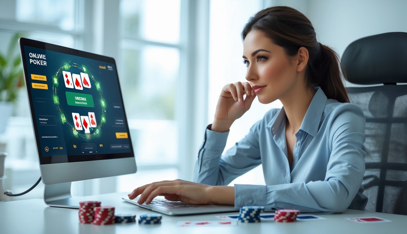 Seorang wanita muda duduk di meja dengan laptop, fokus pada permainan poker online dengan tumpukan chip dan kartu di sampingnya.