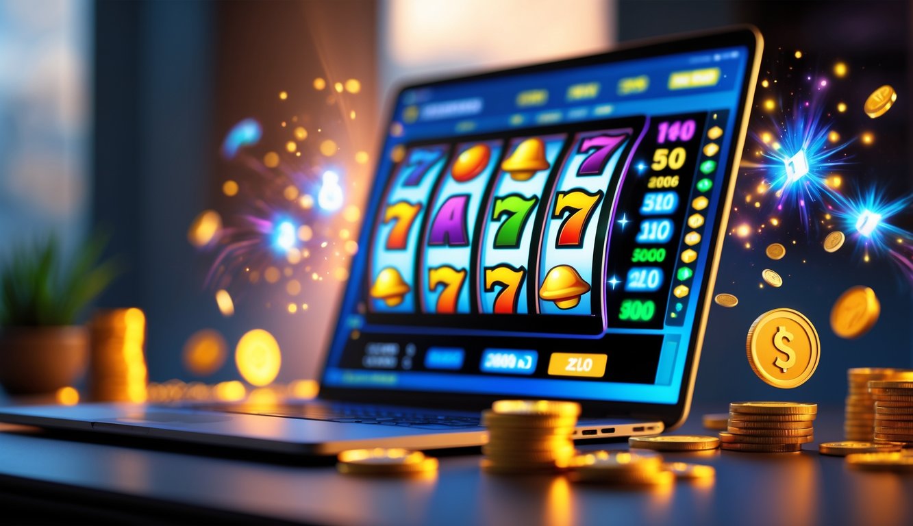 Sebuah layar komputer menampilkan permainan slot online dengan simbol berwarna cerah dan koin berkilauan di sekitarnya.