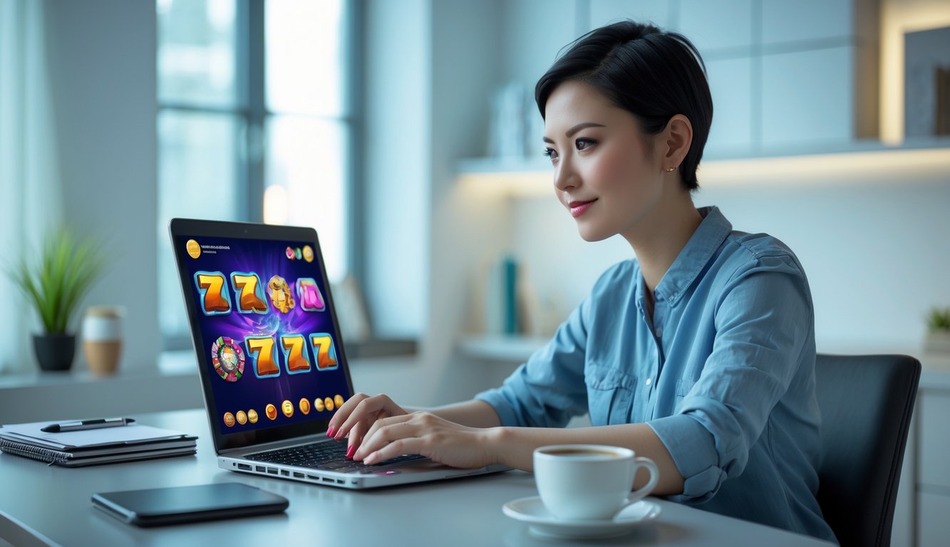 Seseorang duduk di meja dengan laptop, fokus bermain permainan slot online di ruangan yang nyaman.