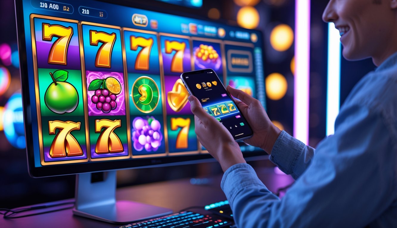 Seseorang bermain permainan slot online di komputer dan ponsel dengan latar belakang lingkungan permainan modern.