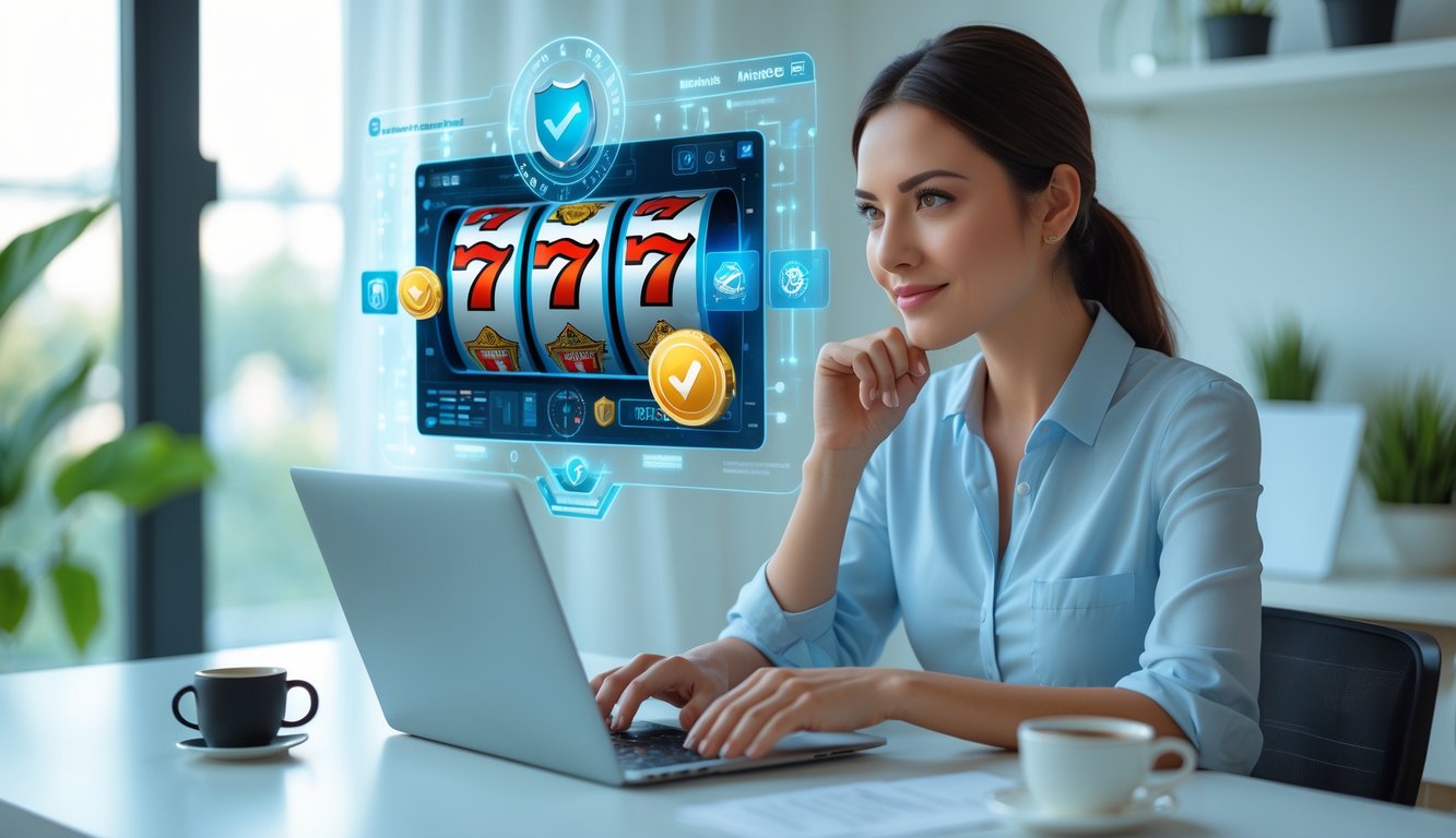 Seorang wanita muda duduk di meja dengan laptop, terlihat fokus dan berpikir, di ruang kerja rumah yang terang dan rapi.