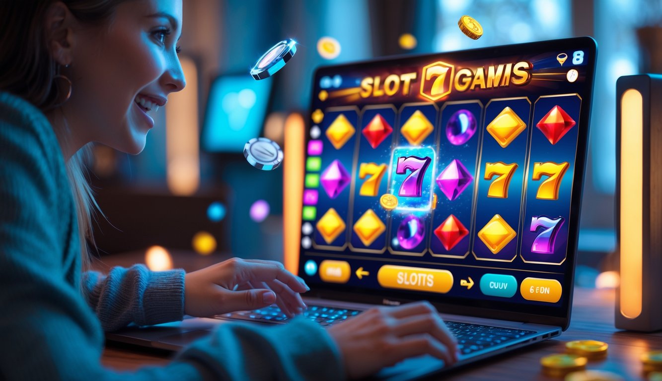 Seorang pemain sedang bermain game slot online di komputer dengan ekspresi antusias dan layar menampilkan simbol-simbol permainan yang berwarna-warni.