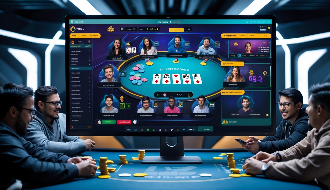Orang-orang bermain poker online dalam turnamen dengan tampilan layar komputer yang menunjukkan kartu dan chip poker.