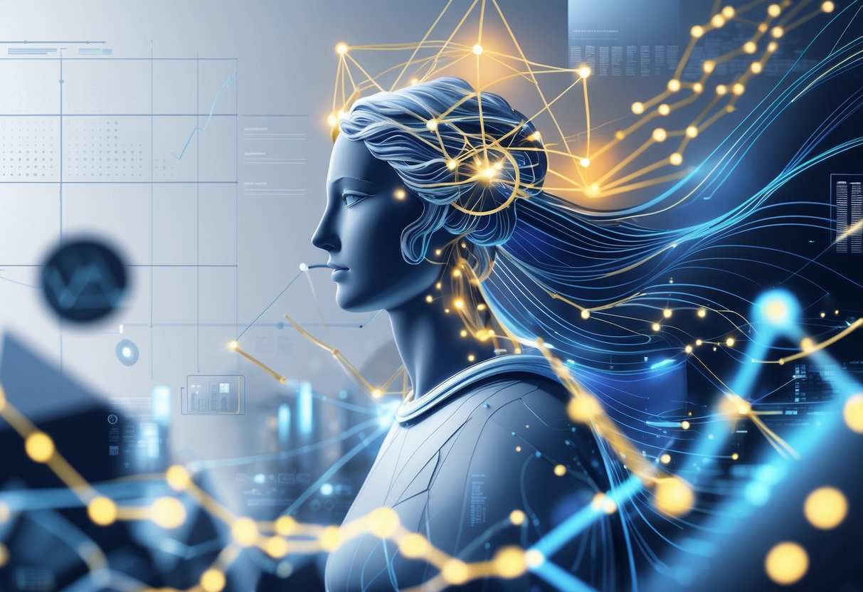 Ilustrasi seorang figur perempuan abstrak dikelilingi oleh aliran data bercahaya, grafik, dan pola yang saling terhubung, dengan latar belakang grid digital futuristik.