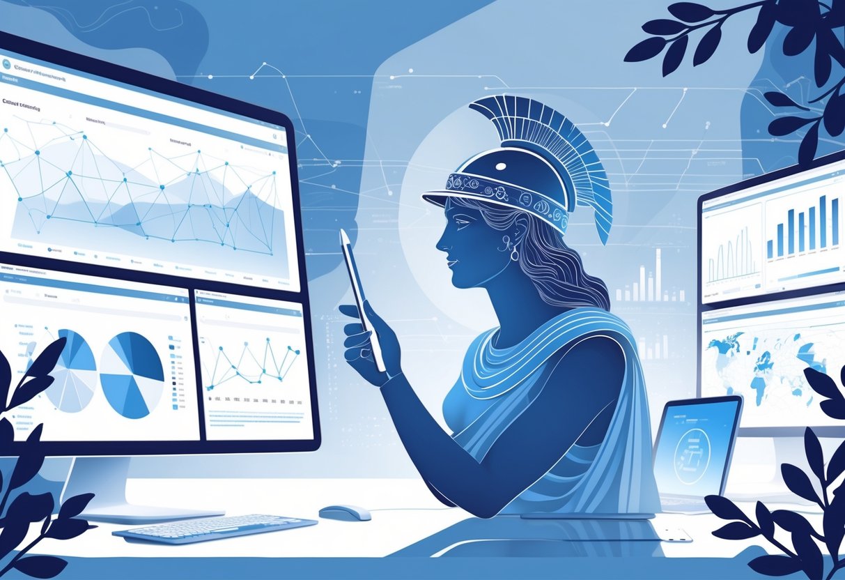 Ilustrasi seorang figur bijaksana dengan helm klasik di depan layar digital yang menampilkan grafik dan pola data dalam ruang kerja futuristik.