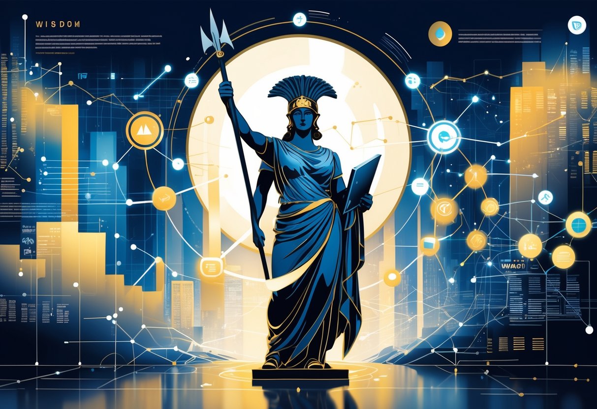 Gambar seorang figur Athena yang memegang tombak dengan latar belakang aliran data dan grafik yang menggambarkan analisis data dan kebijaksanaan.