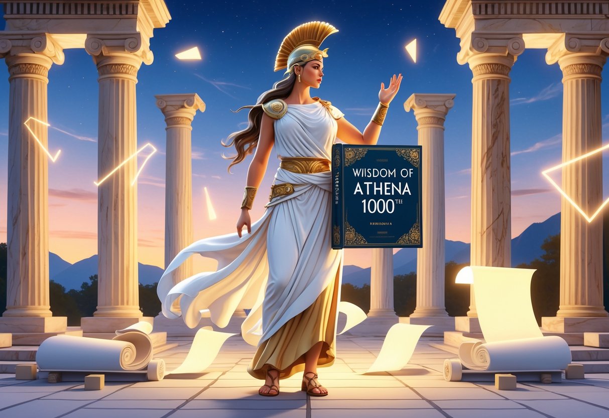 Seorang wanita bijaksana berdiri di depan kuil kuno dengan pakaian putih dan emas, memegang buku bercahaya, dikelilingi simbol strategi seperti papan catur dan gulungan kertas.