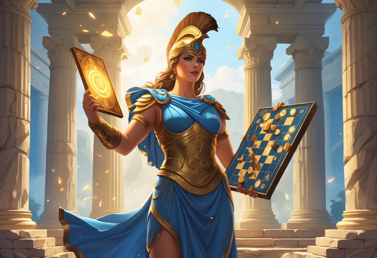 Gambaran seorang dewi Athena yang bijaksana dengan baju zirah dan helm, memegang gulungan bercahaya di dalam sebuah kuil kuno dengan pilar marmer dan simbol strategi di sekitarnya.
