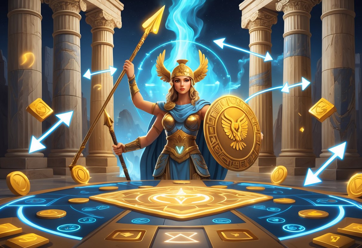 Gambaran seorang dewi Athena dengan baju zirah klasik memegang tombak dan perisai burung hantu, dikelilingi oleh papan permainan dan simbol strategi di latar belakang kuil Yunani kuno.