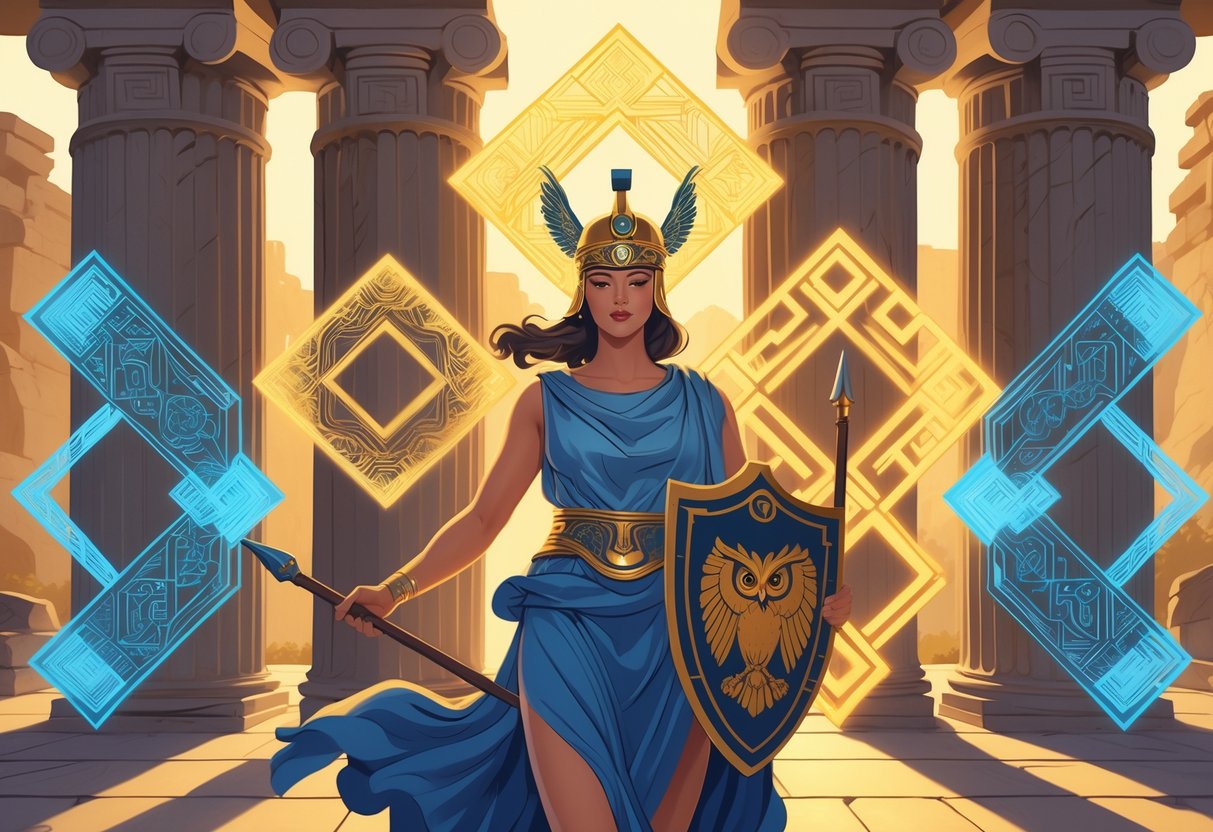 Lima pola stabil dan efektif digambarkan sebagai bentuk geometris yang terhubung di sekitar sosok Athena yang memegang tombak dan perisai, dengan latar belakang kuil Yunani kuno.