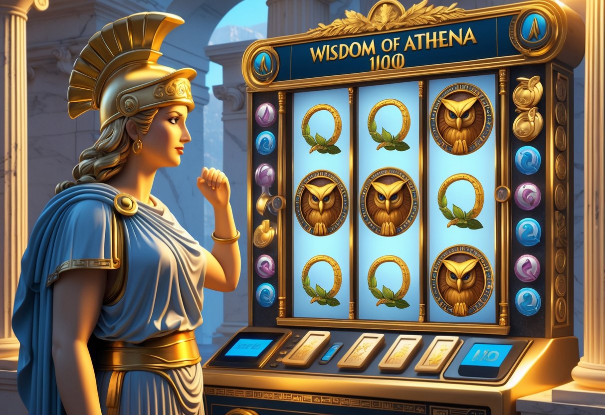 Patung Athena berdiri di samping mesin slot dengan simbol-simbol mitologi Yunani di latar belakang arsitektur klasik Yunani.