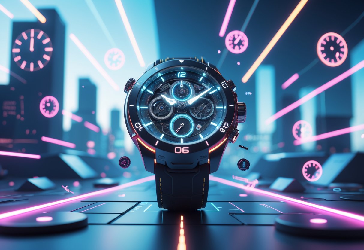 Ilustrasi jam tangan futuristik dengan elemen waktu mengambang di sekitarnya, latar belakang kota futuristik dan garis-garis cahaya yang menunjukkan teknologi dan waktu terbaik untuk bermain di tahun 2025.