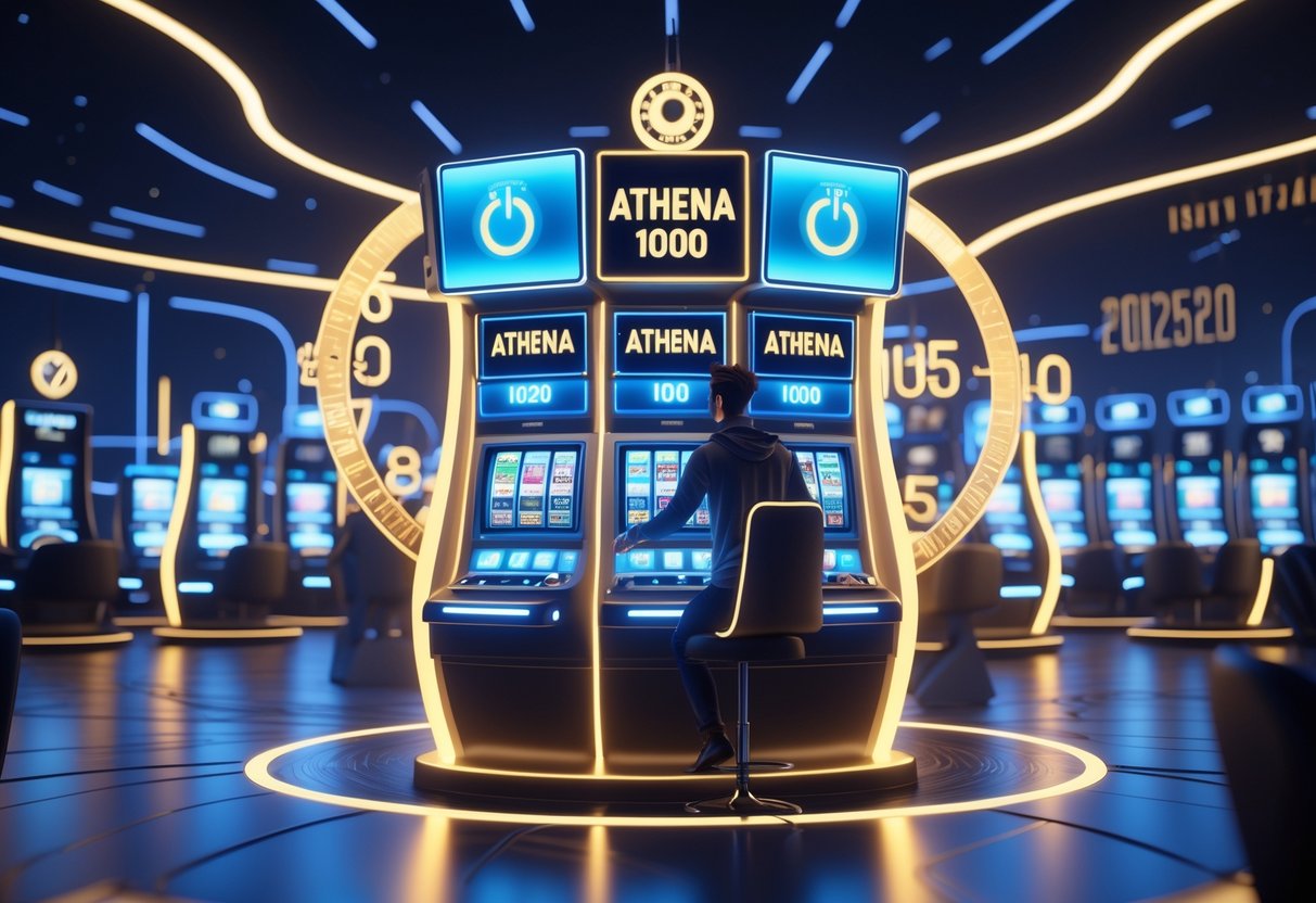 Seorang pemain sedang bermain mesin slot Athena 1000 di kasino futuristik dengan latar belakang elemen jam dan kalender yang menunjukkan tahun 2025.