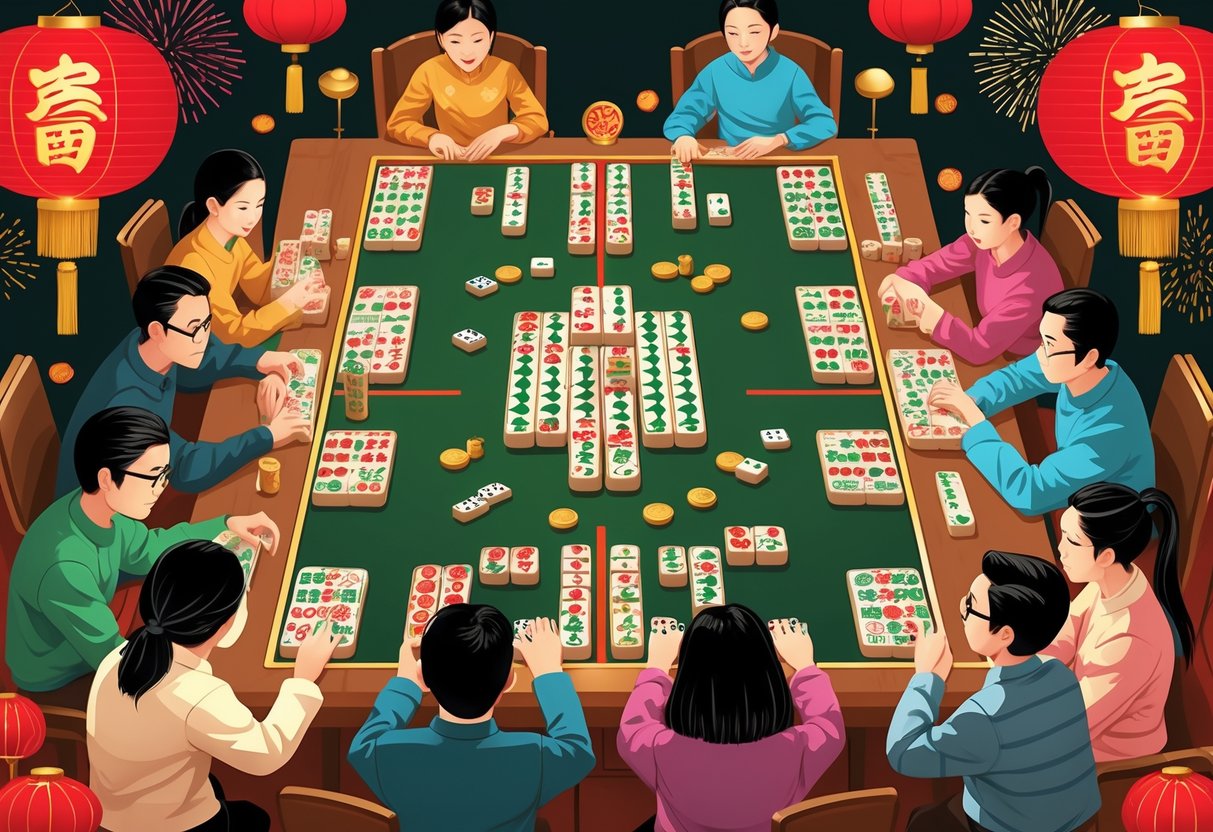 Suasana permainan mahjong dengan pemain yang fokus di meja mahjong, dikelilingi dekorasi Tahun Baru Imlek seperti lentera merah dan emas, menggambarkan strategi dan keberuntungan.