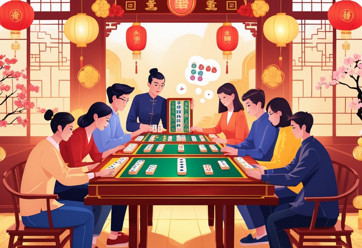 Sekelompok orang bermain Mahjong di meja dengan dekorasi Tahun Baru Imlek di latar belakang, suasana meriah dan penuh konsentrasi.