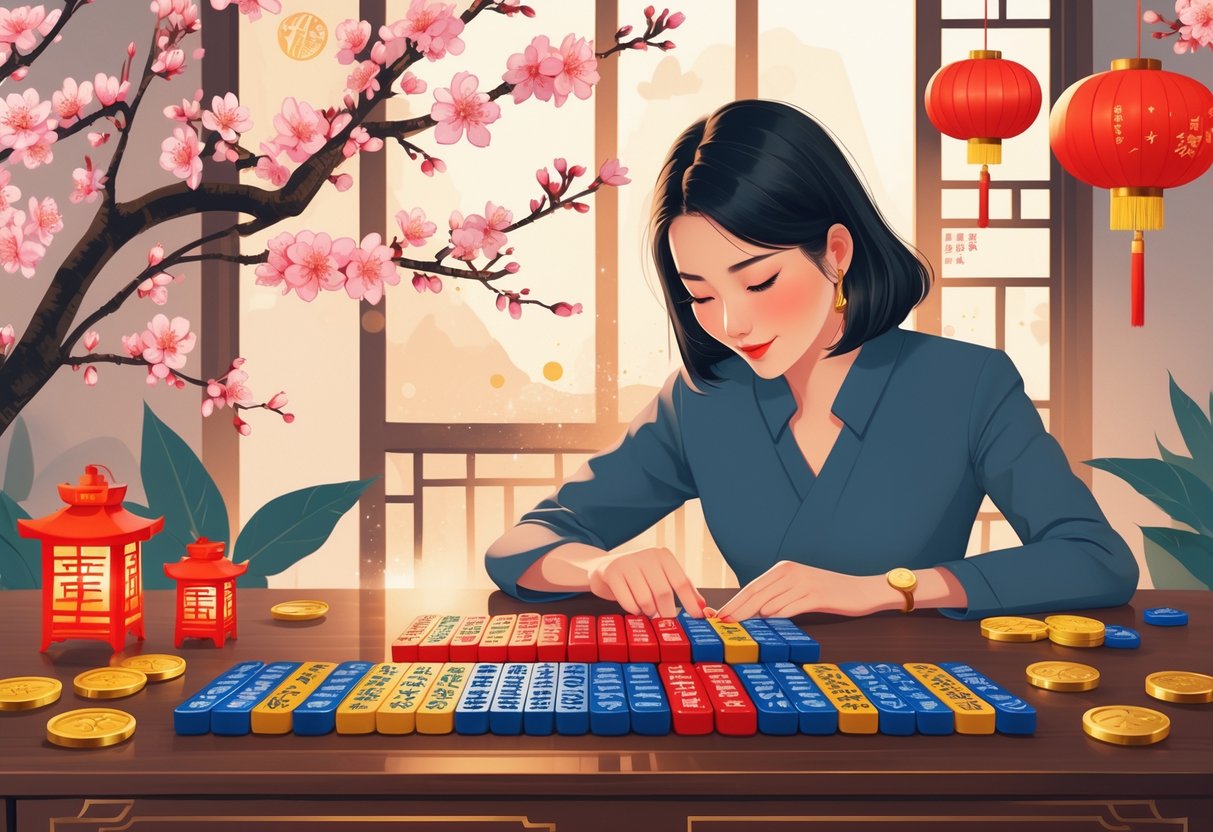 Seseorang sedang fokus belajar dan menganalisis pola permainan Mahjong di meja kayu dengan dekorasi tradisional dan simbol keberuntungan di sekitarnya.