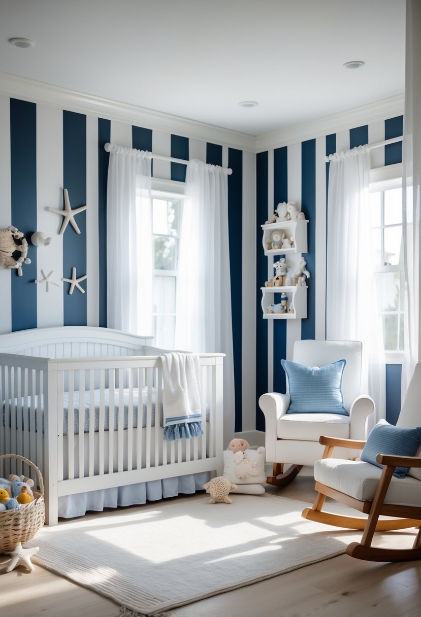 A baby nursery with navy and white striped walls, a white crib, a wooden rocking chair, and nautical-themed decorations.
