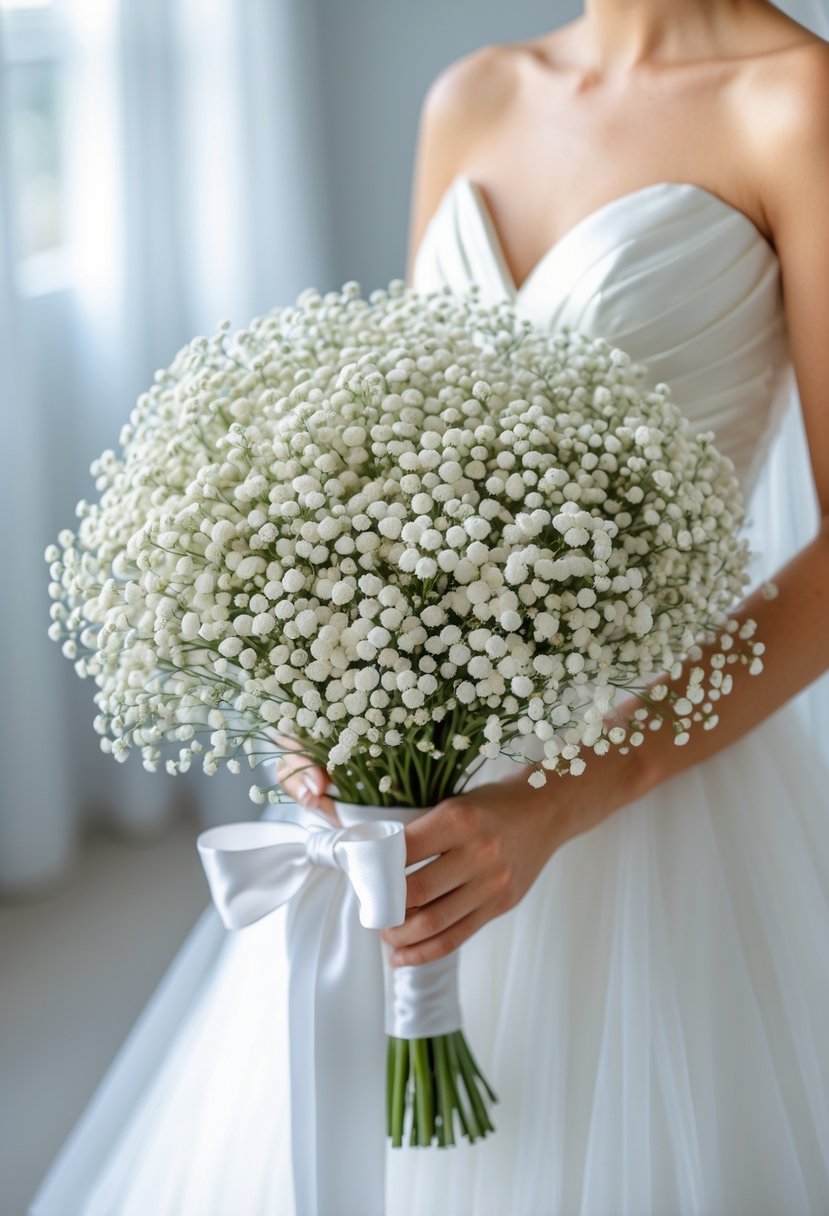 A close-up of a white Baby’s Breath bridal bouquet held by a bride in a white dress.