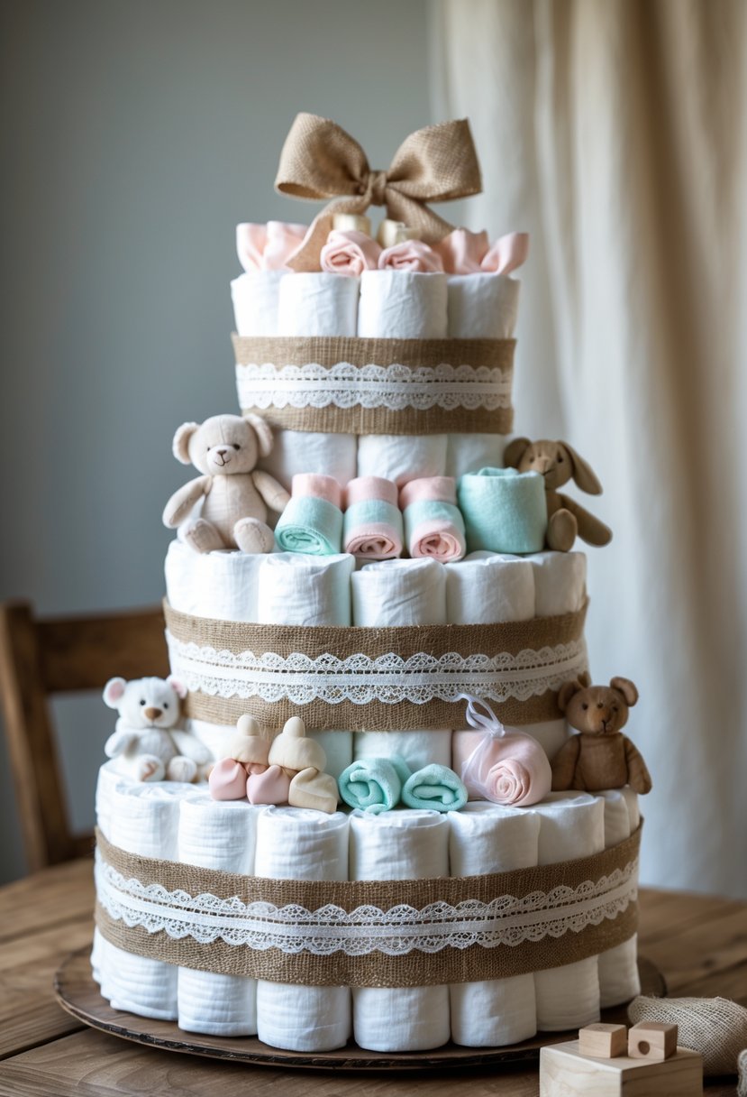 A multi-tiered diaper cake decorated with burlap, lace, and baby accessories on a wooden table.