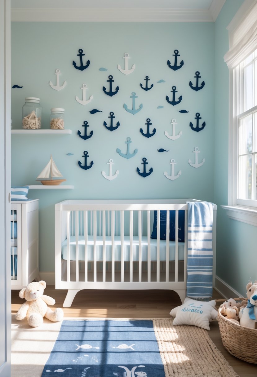 A baby nursery with anchor wall decals, a white crib, nautical decorations, and soft natural light.
