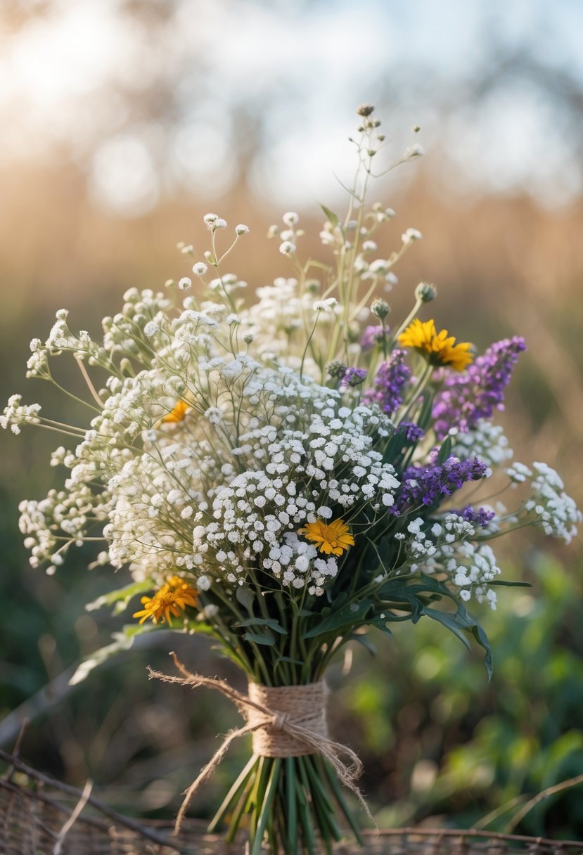 A bouquet of Baby’s Breath and wildflowers tied with twine against a blurred natural background.