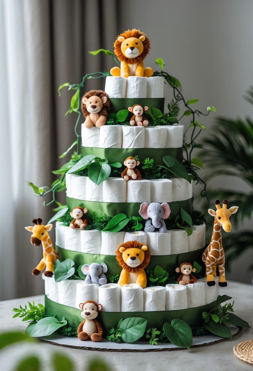 A multi-tiered diaper cake decorated with plush jungle animals and green leaves on a neutral surface.