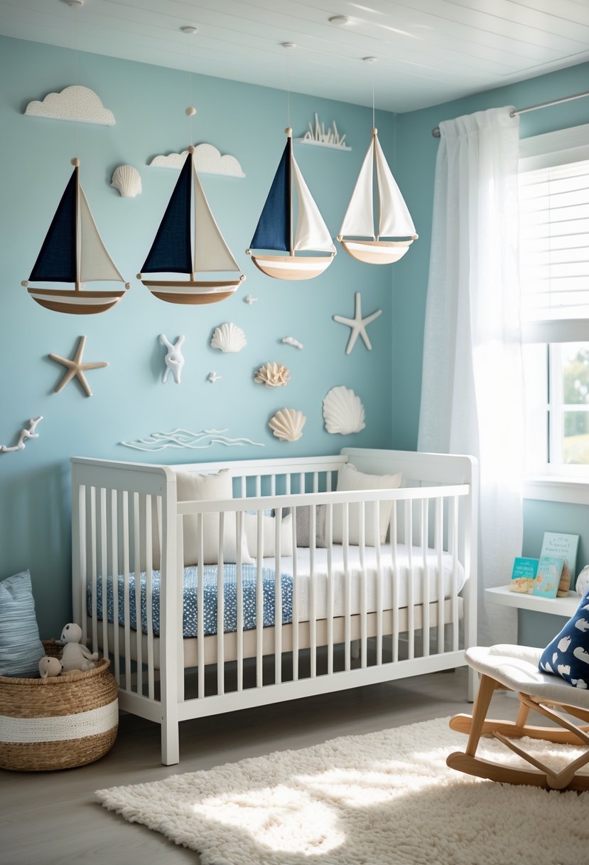 A baby nursery with a white crib and sailboat mobiles hanging above it, decorated with coastal-themed items and soft natural light.